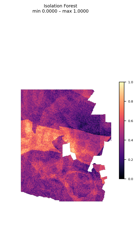 Isolation Forest prospectivity map showing clear high-value corridors