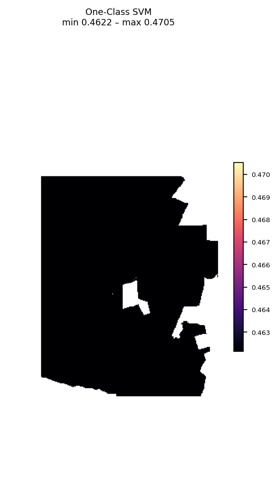 One-Class SVM prospectivity map showing near-uniform values across the study area